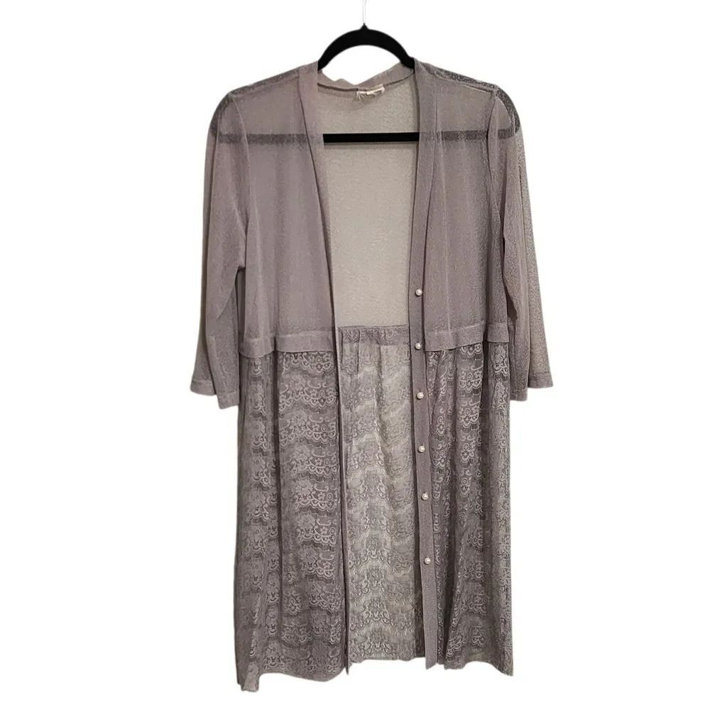 Gray Mesh Lace Kimono Top M Lightweight Open Front Boho Dainty Feminine